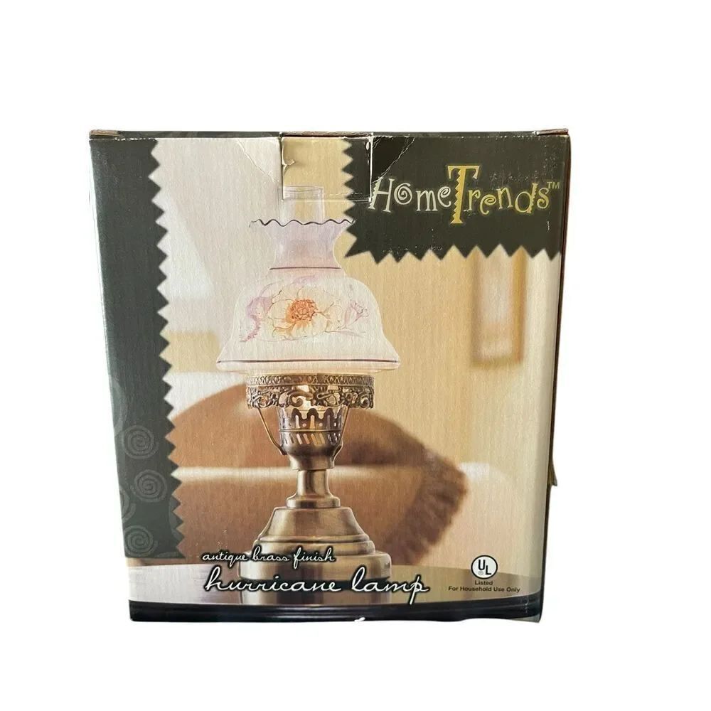 NEW Home Trends Wind Hurricane Glass Lamp 15" Floral with Antique Brass Finish